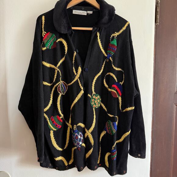 Victoria Jones Sweaters - 90s Vintage Victoria Jones WHimsical Beaded Christmas Sweater Detachable Collar